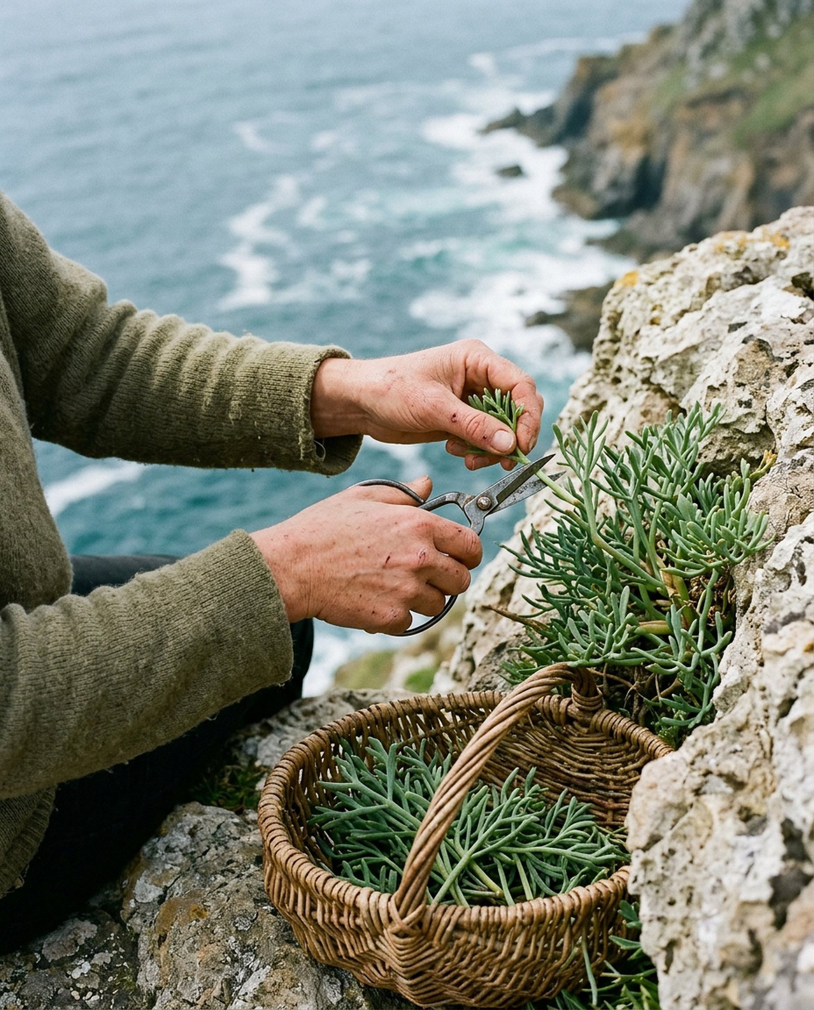 Cutting wild sea fennel on the cliffs into a basket