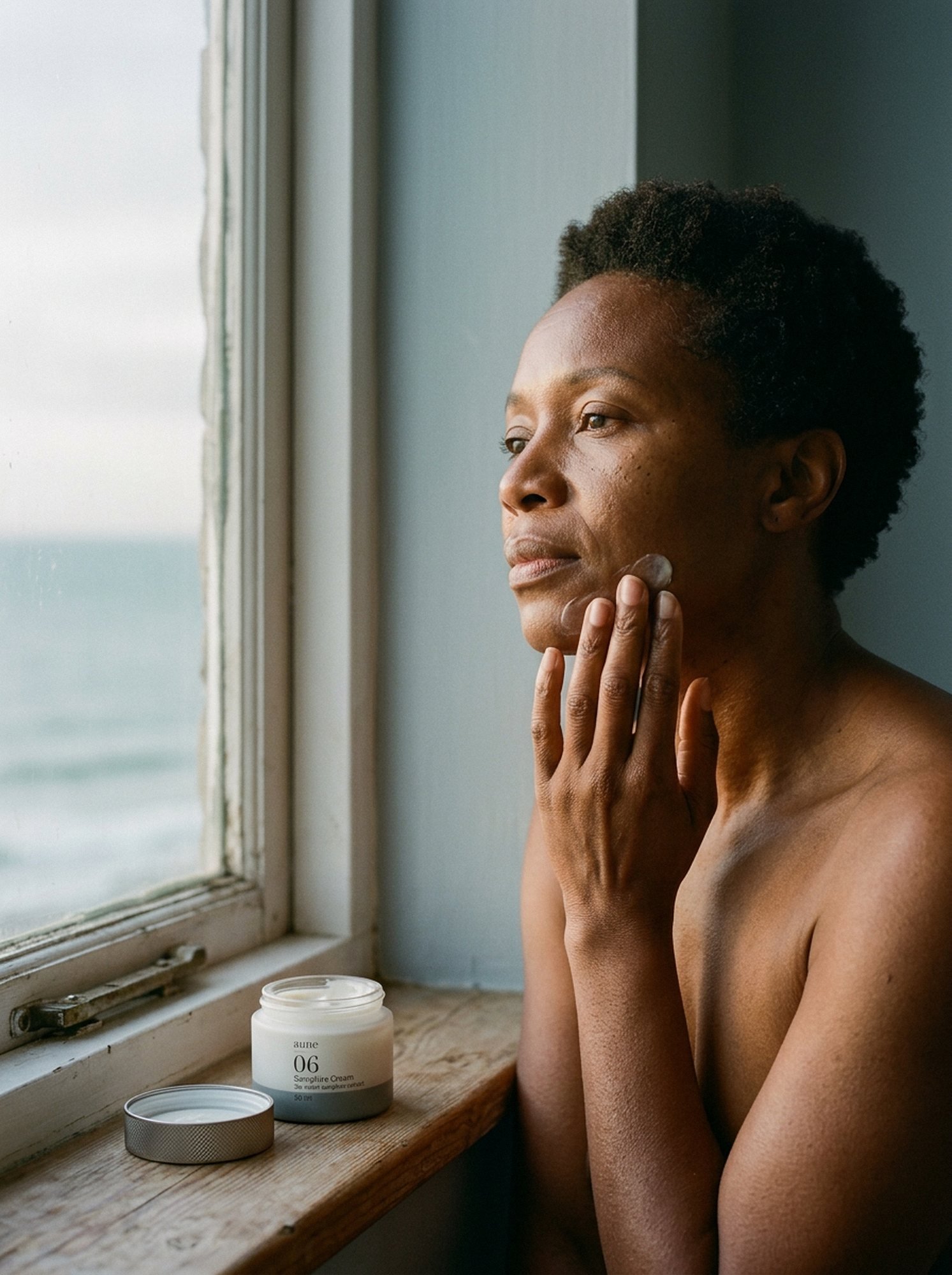 Smoothing cream over the jaw by an open window in late afternoon light