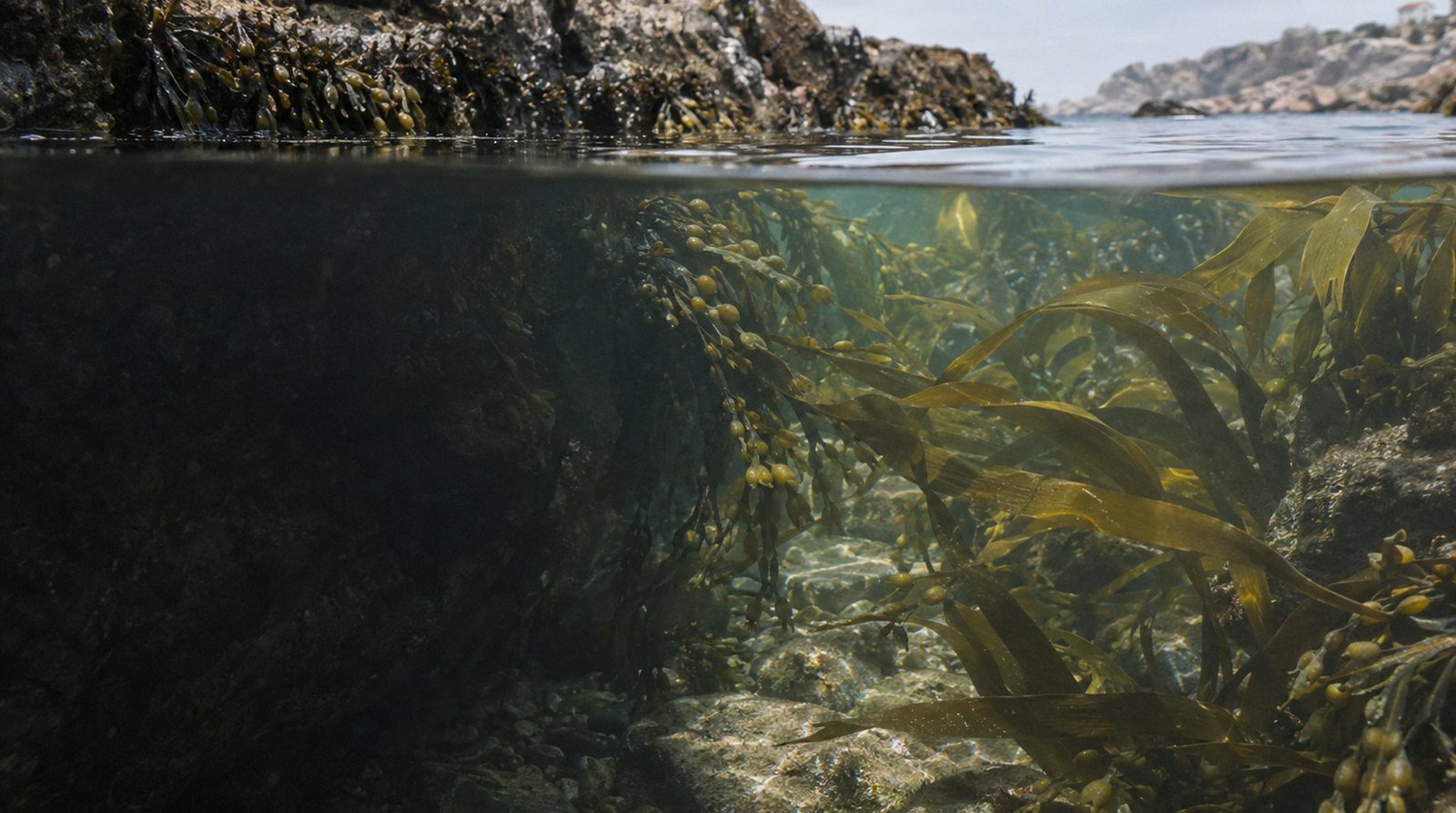 Kelp and bladderwrack swaying in a clear Atlantic rock pool