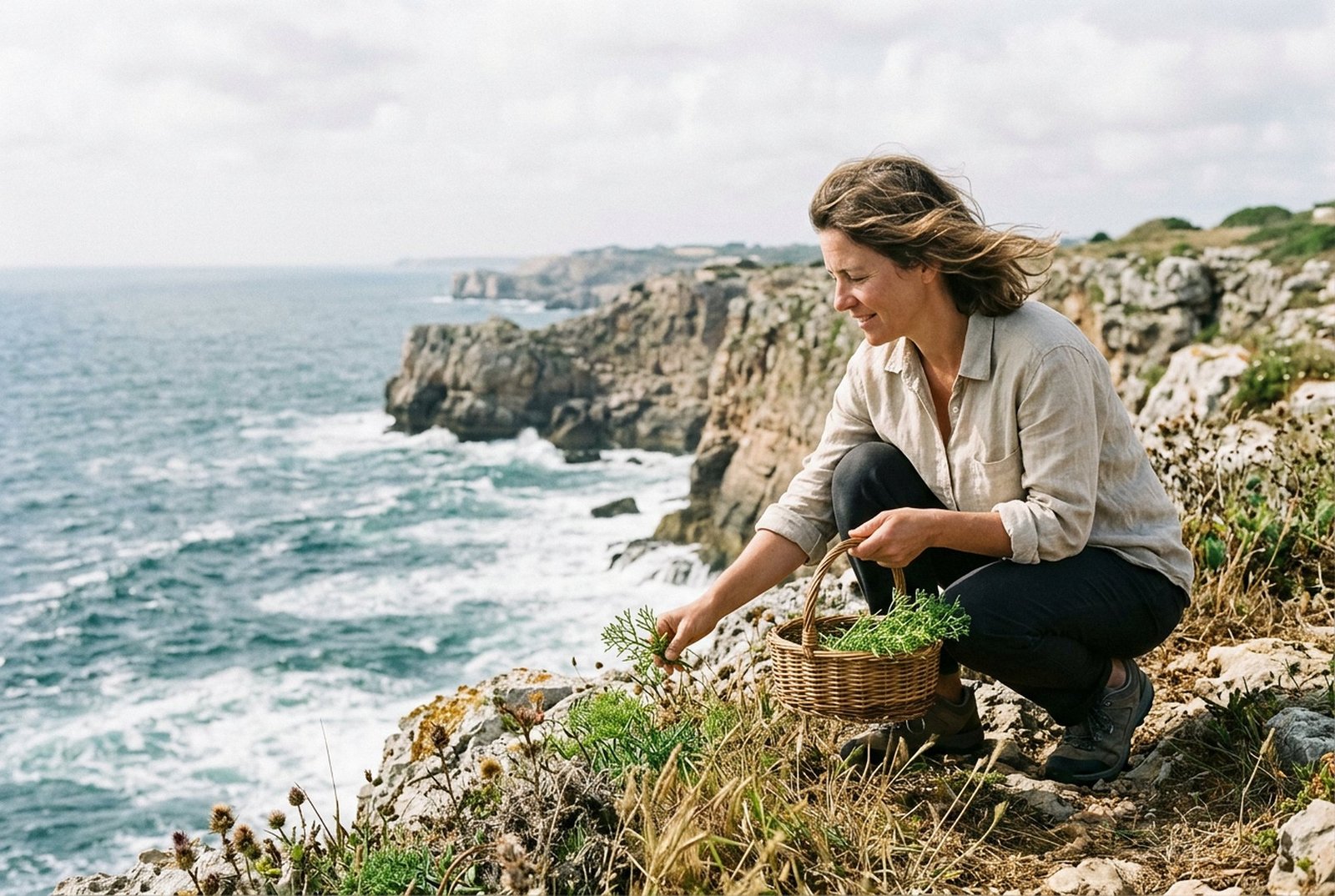 Picking wild sea fennel on the cliffs near Cascais