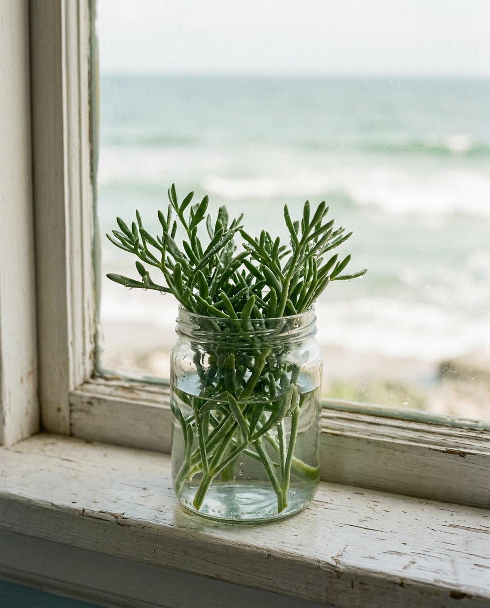 Fresh sea fennel sprigs in a jar of water on a windowsill