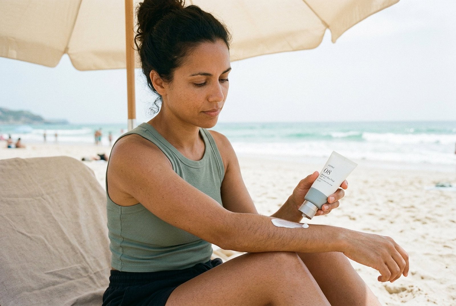 Applying sunscreen on the beach under an umbrella