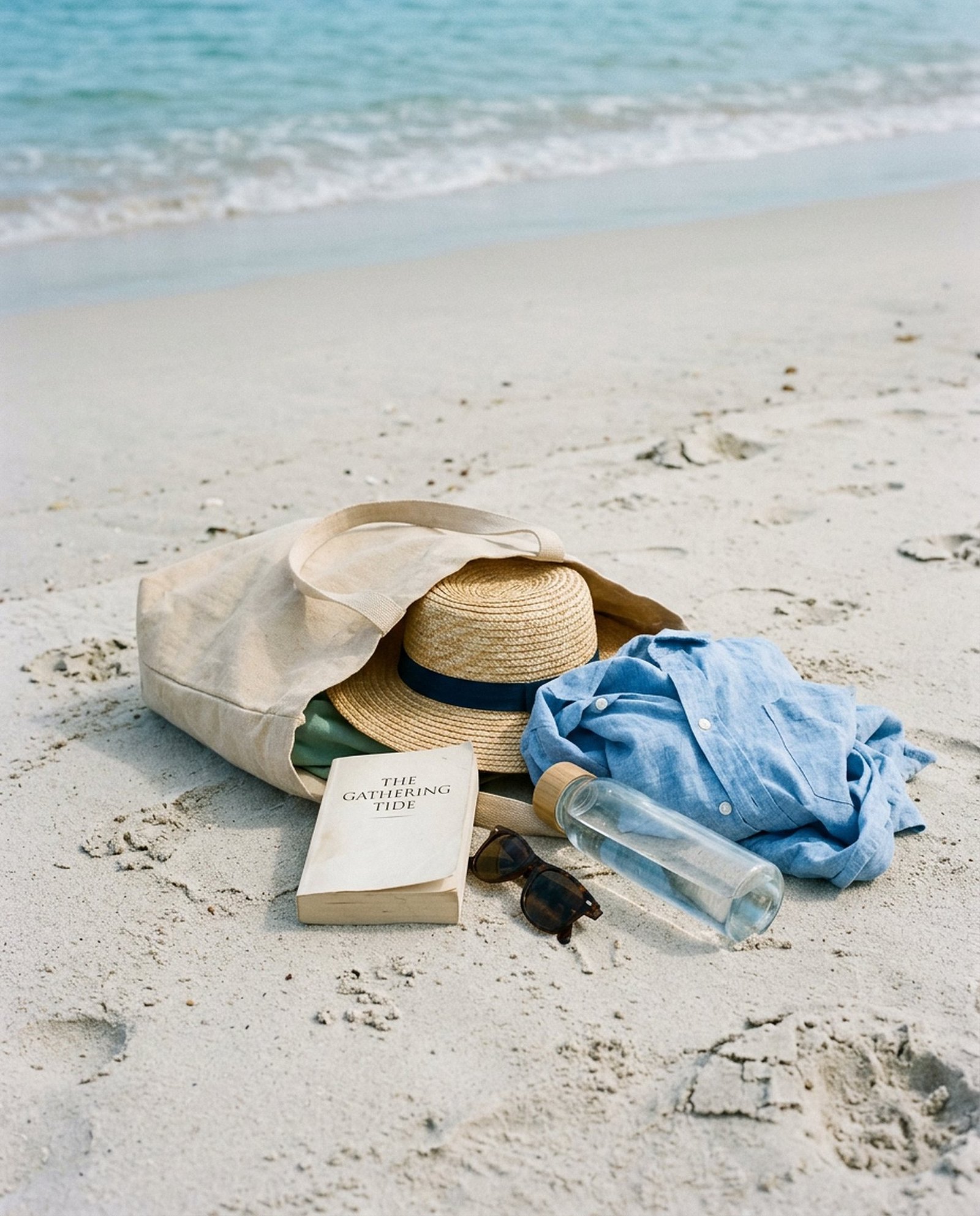 A beach bag with a hat, a book and sunglasses on the sand