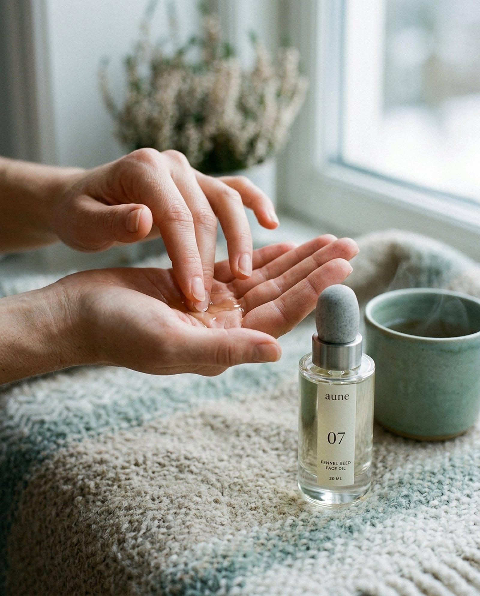 Warming a drop of face oil between the hands beside a cup of tea