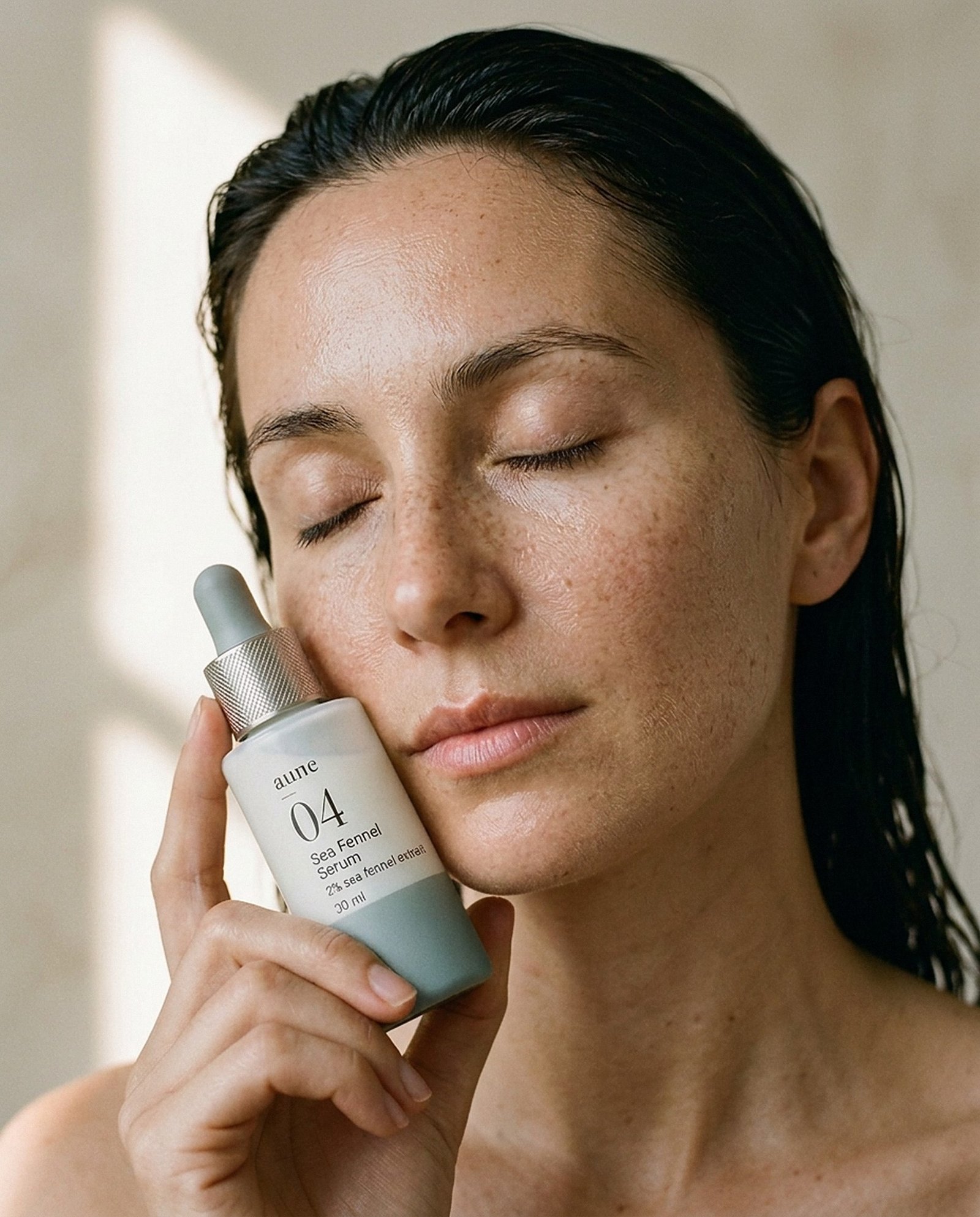 Holding Sea Fennel Serum to the cheek in soft morning light