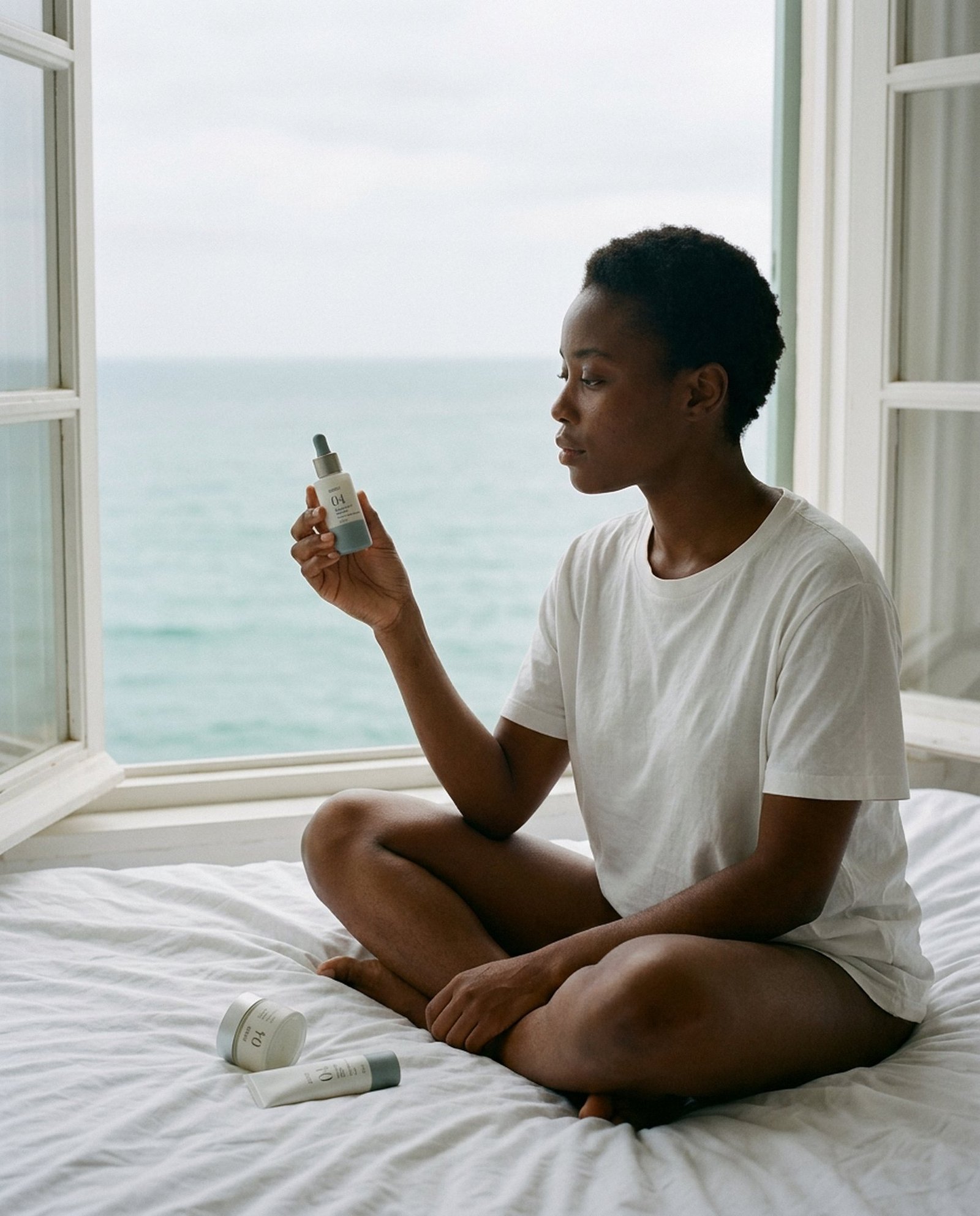 Reading the label of a dropper bottle by an open window